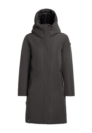 Lang, donkergrijze parka met een hoge kraag en een afneembare capuchon, voorzien van twee ritszakken aan de voorkant en een gladde, waterafstotende textuur.