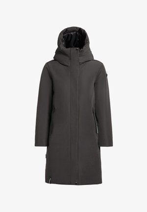Lang, donkergrijze parka met een hoge kraag en een afneembare capuchon, voorzien van twee ritszakken aan de voorkant en een gladde, waterafstotende textuur.