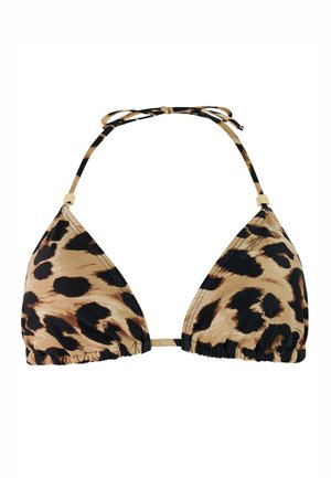 Bikini-Oberteil mit Leopardenmuster und Dreieckschalen, schwarze verstellbare Träger und goldfarbene Metallakzente. Glatter Stoff mit gerafften Details.