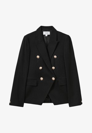 Blazer nero testurizzato doppiopetto con sei bottoni decorativi dorati, rever a incrocio, due tasche frontali con patta e maniche lunghe di Reiss.