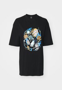 Black T-shirt featuring a colorful graphic design of a planet, roses, peace sign, and dice in the center. Made of cotton, relaxed fit.