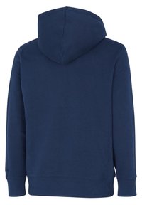 Felpa con cappuccio di colore blu navy, con maniche lunghe e polsini e orlo a coste, vista dal retro.