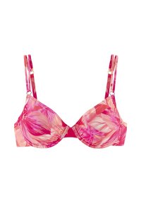 Beugel-bh met gepolsterde cups in roze en bloemenprint, voorzien van verstelbare bandjes en decoratieve accenten in goudkleur.