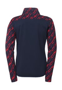 Long-sleeve top with a navy body and red abstract patterned sleeves. Features a high collar and smooth, stretchy fabric.