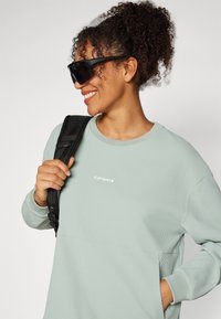 Lys grønn ribbestrikket sweatshirt med rund hals og drop skuldre. Hvit logo på brystet. Svart ryggsekkstropp over skulderen. Gjennomsiktige solbriller.