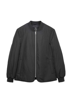 Black bomber jacket with a smooth, matte finish. Features zip closure, ribbed cuffs, and side pockets. Classic round neckline, lightweight design.