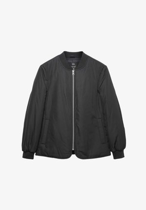 Black bomber jacket with a smooth, matte finish. Features zip closure, ribbed cuffs, and side pockets. Classic round neckline, lightweight design.