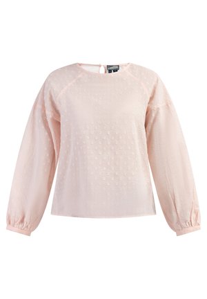 Blusa rosa chiaro con un pattern testurizzato a pois, scollatura rotonda e maniche lunghe a palloncino. Presenta polsini elasticizzati e un dettaglio a chiave sul retro.