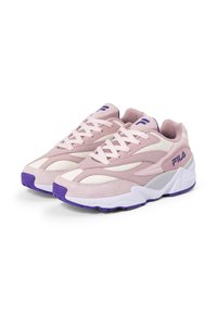 Pink and white sneakers with suede and mesh materials, featuring purple accents, rounded toes, and a chunky white sole. Laced design.