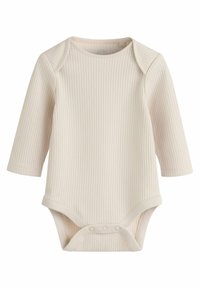 Body a maniche lunghe in maglia di colore beige chiaro. Tessuto morbido con scollatura rotonda e chiusure a pressione sul fondo per un facile indossamento.