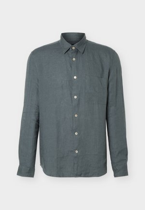 Dunkelgraues langärmeliges Hemd mit Knöpfen, Kragen und linker Brusttasche, hergestellt aus strukturiertem Stoff.