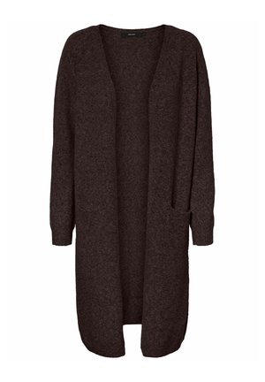 Pikk, avatud esiosa kardigan tumepruunis, pikkade varrukate ja kahe esitaskuga. Pehme, tekstuuriga kangas ja vaba lõige.
