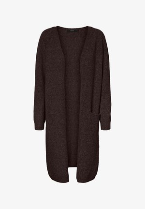 Dolga kardigan odprtega sprednjega dela v temno rjavi barvi, z dolgimi rokavi in dvema žepoma spredaj. Mehka, teksturirana tkanina z ohlapnim krojem.