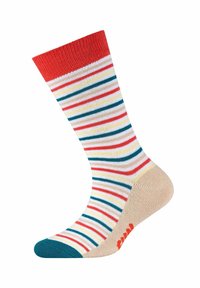 Multifarvet stribet sok med rød rib, beige krop og teal tå. Striberne inkluderer rød, gul og grøn på en hvid baggrund.