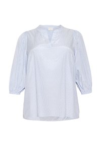 Blusa azzurra chiara con scollatura a V e maniche a sbuffo corte, caratterizzata da un motivo a righe con piccoli punti. Tessuto morbido con vestibilità comoda.
