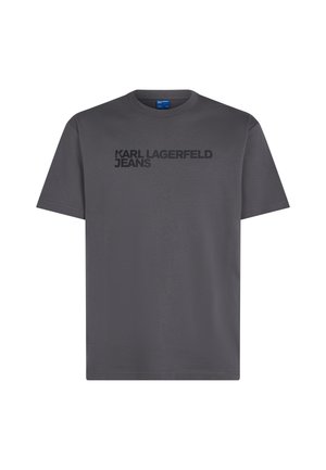 T-shirt de algodão cinza com mangas curtas, cuello redondo e "KARL LAGERFELD JEANS" em letras pretas em negrito no peito.