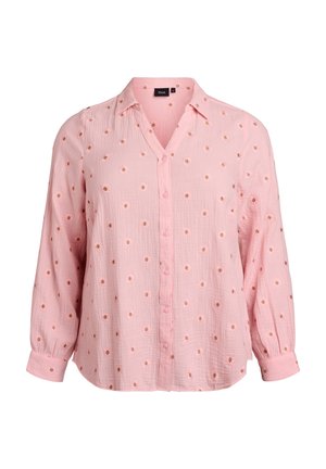 Rožinė ilgomis rankovėmis palaidinė su sagomis, puošta mažais siuvinėtais rudos spalvos gėlių raštais ir klasikiniais apykaklėmis.