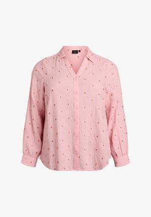 Rožinė ilgomis rankovėmis palaidinė su sagomis, puošta mažais siuvinėtais rudos spalvos gėlių raštais ir klasikiniais apykaklėmis.