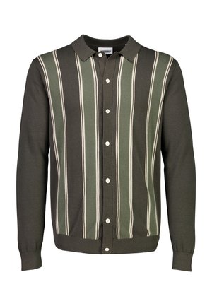 Heren cardigan met lange mouwen en knopen, voorzien van verticale strepen in donker en lichtgroen en een donkere kraag.