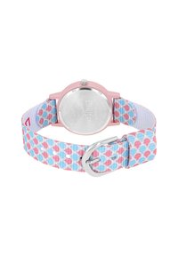 Rosa Uhr mit einem Gehäuse aus Edelstahl und einem mehrfarbigen Stoffarmband, das mit einem Muster aus pinken und blauen Punkten verziert ist. Silberne Metallschnalle.