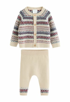 Baby knitted cardigan and pants set in cream with multicolor geometric patterns and wooden buttons on the cardigan.