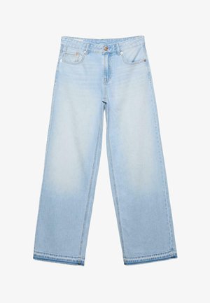 Svetlomodré široké džínsy s prednými vreckami, pútkami na opasok a zapínaním na gombík, zobrazené na bielom podklade.