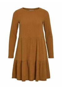 Robe en maille côtelée à manches longues de couleur marron chaud avec jupe à volants et encolure ronde.