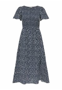 Mørkeblå midi-kjole med hvide prikker, korte puffærmer, smocket overdel og en skørt, der flår ud.