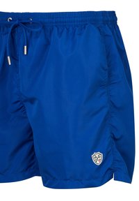 Blaue Badeshorts aus leichtem Material mit elastischem Taillenbund, Kordelzug und Seitennähten. Enthält ein kleines Logopatch am Saum.