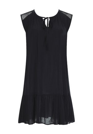 Zwarte mouwloze jurk met mesh schouderpanelen, strikdetail bij de hals en een gerimpelde zoom.