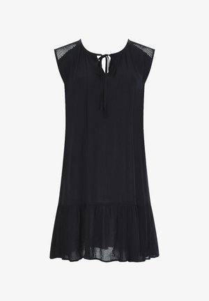 Mustast materjalist varrukateta kleit võrgust õlapanustega, lipsuga kaelusega ja volangilise äärega.