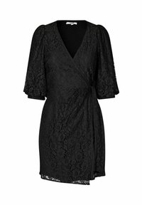 Black lace wrap dress with a V-neck and puff sleeves, featuring intricate lace detailing and a tie waist, mid-thigh length.