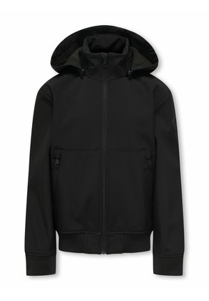 Musta pehmeäkuorijakku, jossa on vetoketjukiinnitys, säädettävä huppu ja ribbitaskut. Valmistettu sileästä, vedenkestävästä materiaalista.