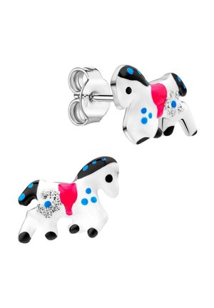 Orecchini a bottone in argento a forma di piccoli cavalli con smalto nero, blu e rosa e dettagli in strass.