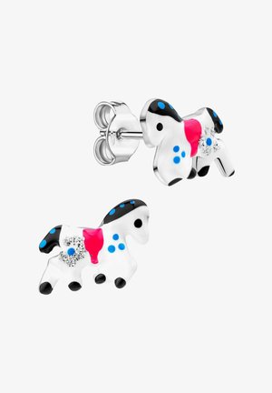 Boucles d'oreilles clous en argent en forme de petits chevaux avec des accents d'émail noir, bleu et rose ainsi que des strass.