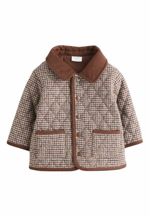 Quilted jacket in brown houndstooth pattern with a corduroy collar, featuring large brown buttons and two front patch pockets.
