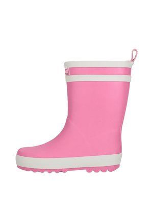 Rosa Gummistiefel mit weißem Rand und Lasche, profiliertem Absatz und Seitenlogo, entworfen für wasserdichten Außeneinsatz.