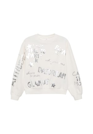 Sweatshirt blanc avec du texte métallisé argenté et des motifs d'étoiles. Comprend des manches longues, un col rond et un ourlet côtelé. Design décontracté.