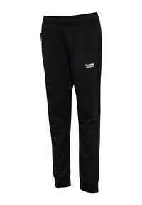 Zwarte joggingbroek gemaakt van zachte stof, met een elastische tailleband, zijzakken en een logo aan de linkervoorzijde.