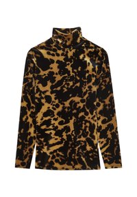 Maglia a maniche lunghe con collo alto in un morbido tessuto in velluto, caratterizzata da una vivace stampa animale in nero e marrone con motivi e texture variabili.