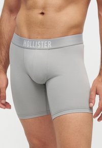 Homme portant un boxer Hollister gris clair, montrant le torse et le haut des cuisses sur un fond uni.