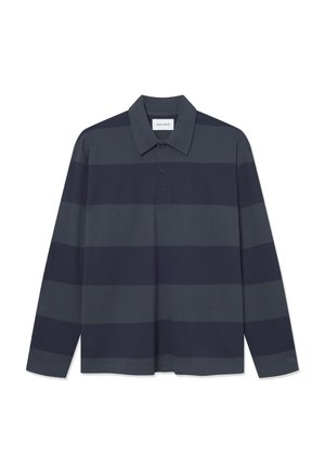 Polo shirt met lange mouwen, voorzien van donkerblauwe en grijze horizontale strepen, knoopkraag en zacht katoenmateriaal. Heeft een rechte zoom.