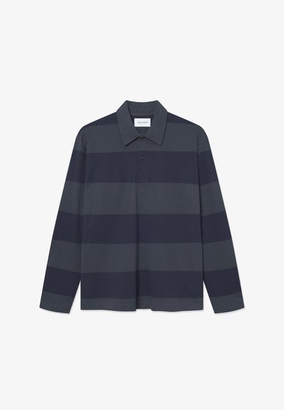 Long-sleeve polo shirt with dark blue and gray horizontal stripes, buttoned collar, and soft cotton material. Features a straight hem.