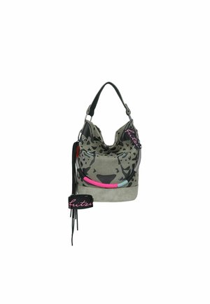 Sac hobo gris avec design de visage de léopard noir, sangle noire, cordon coloré rose et bleu, et tassel noir avec texte rose « Fritzi ».