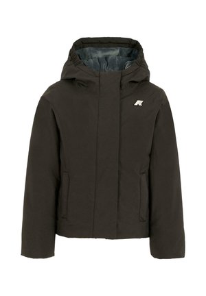 Giacca cappuccio di un marrone scuro con chiusura a zip, tasche laterali e logo discreto sul petto. Il materiale sembra liscio con una finitura leggermente lucida.