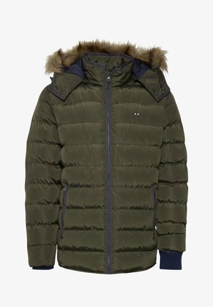 Oliivroheline puffer-jakk eemaldatava kapuutsiga, millel on kunstkarusnahast äär, lukuga ees, kaks külgtaskut ja soonikosad.