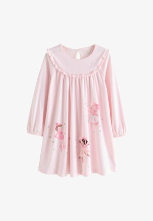 Bledoružová nočná košieľka s dlhými rukávmi a volánovým golierom, s ilustráciami baletiek a striebornými hviezdičkami na jemnom materiáli.