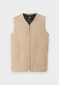 Μπεζ αμάνικο γιλέκο με φερμουάρ μπροστά, δύο μεγάλες μπροστινές τσέπες και μικρό λογότυπο στην δεξιά τσέπη, σε απλό φωτεινό φόντο.