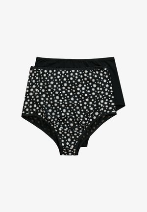 Czarne majtki o wysokim stanie z białym wzorem kwiatów stokrotek i jednolitą czarną tylną częścią. Miękka tkanina z elastycznym pasem dla komfortu.