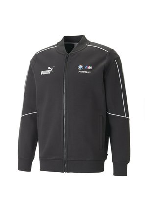 Veste noire zippée avec passepoils blancs, logo Puma sur la poitrine gauche et logo BMW Motorsport sur la poitrine droite, poignets et ourlet côtelés.